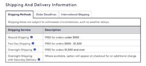 Blue Nile Shipping Policies