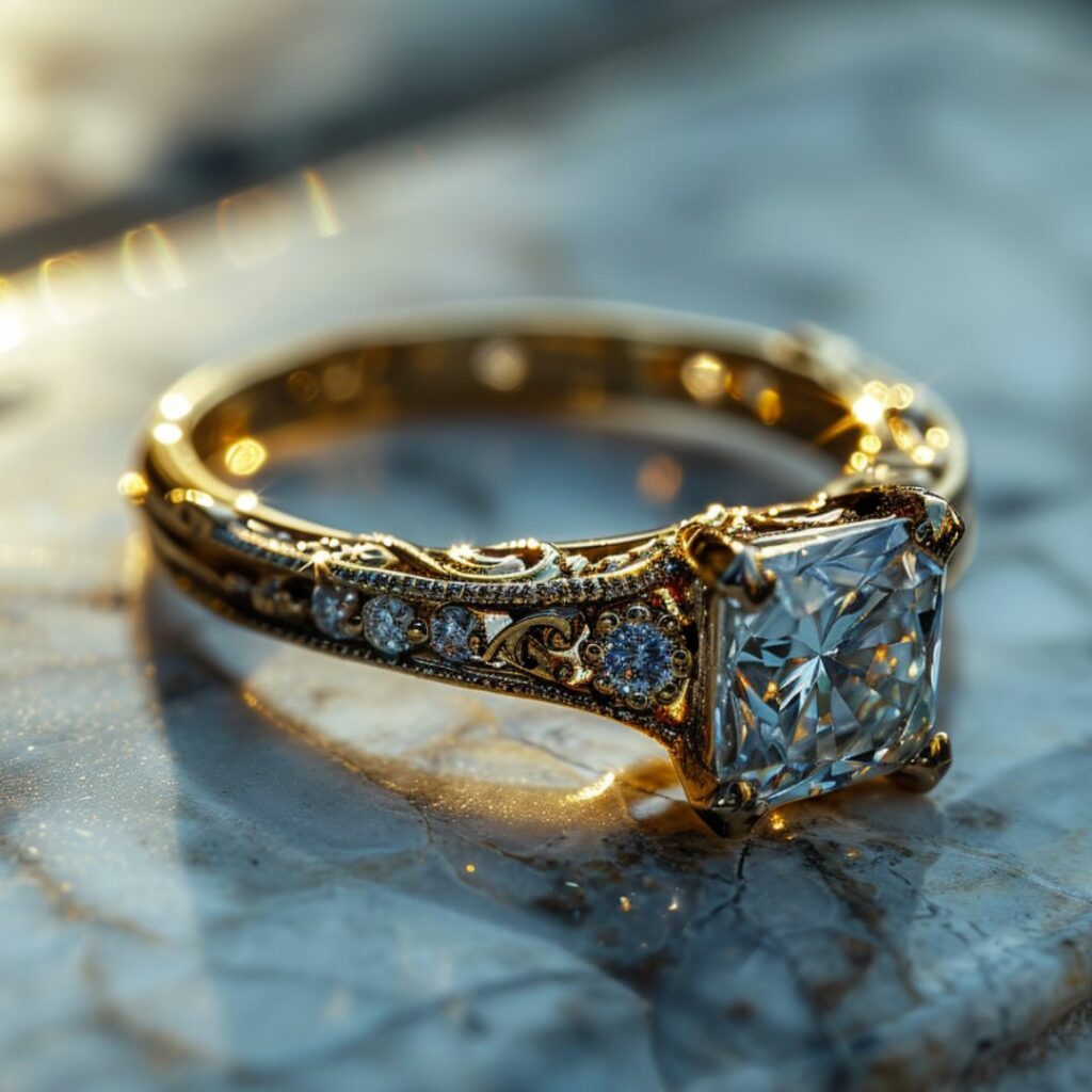 Antique-Style Princess Cut Diamond Engagement Ring with Yellow Gold Filigree Band