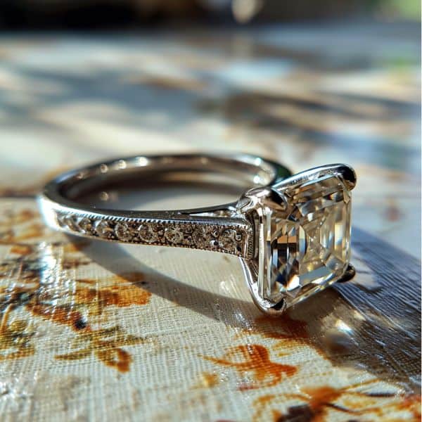 Art Deco-Inspired Asscher Cut Diamond Engagement Ring with Pavé Milgrain Detail