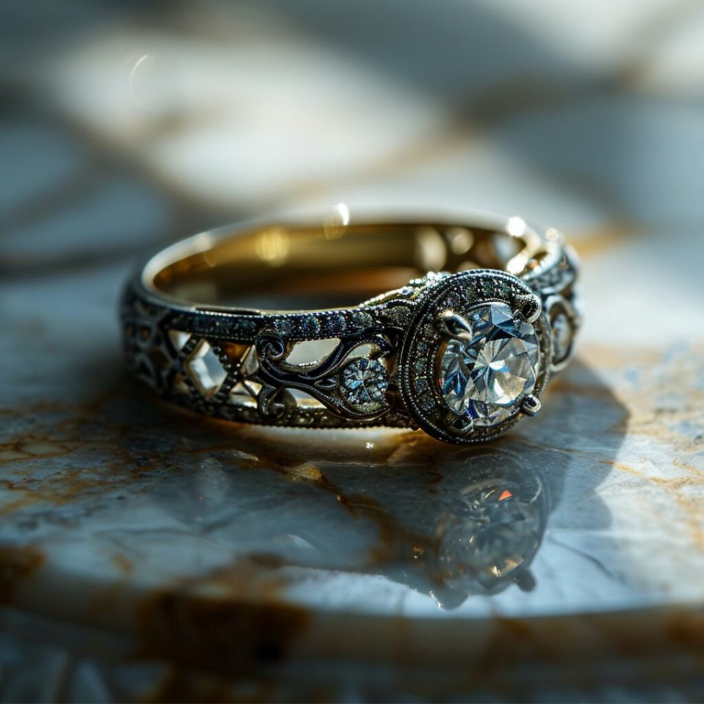 Art Nouveau-Inspired Round Brilliant Diamond Ring with Pavé Accents and Oxidized Filigree Band