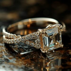 Classic Elegance Emerald-Cut Champagne Diamond Engagement Ring with Pavé Accents