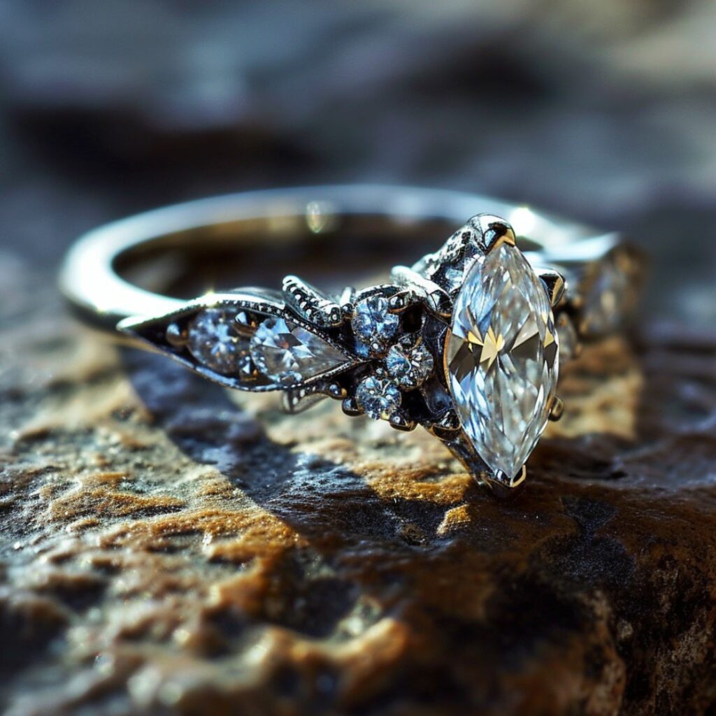 Vintage-Inspired Marquise Diamond Engagement Ring with Mixed Cut Diamond Accents
