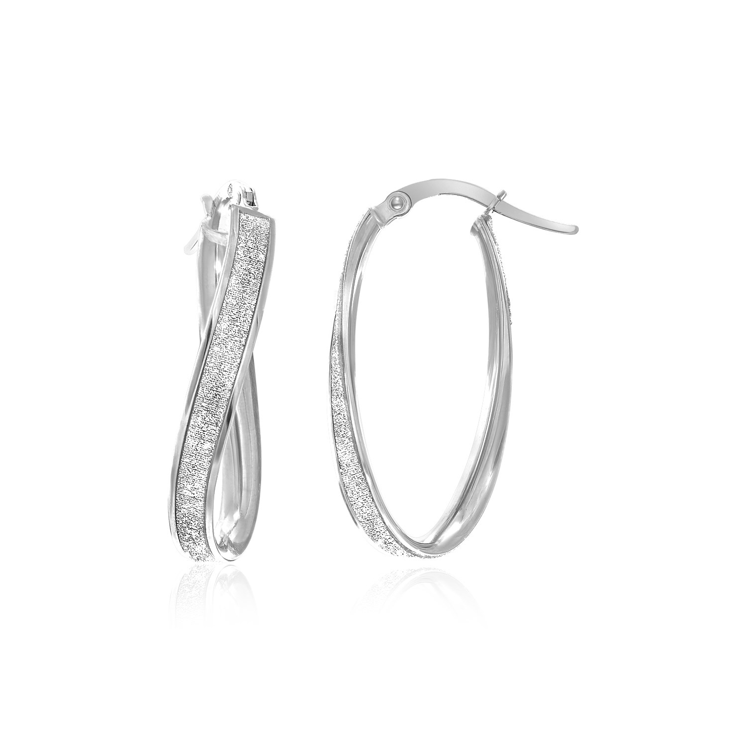 14k White Gold Oval Hoop Twist Glittery Earrings - Teach Jewelry ...