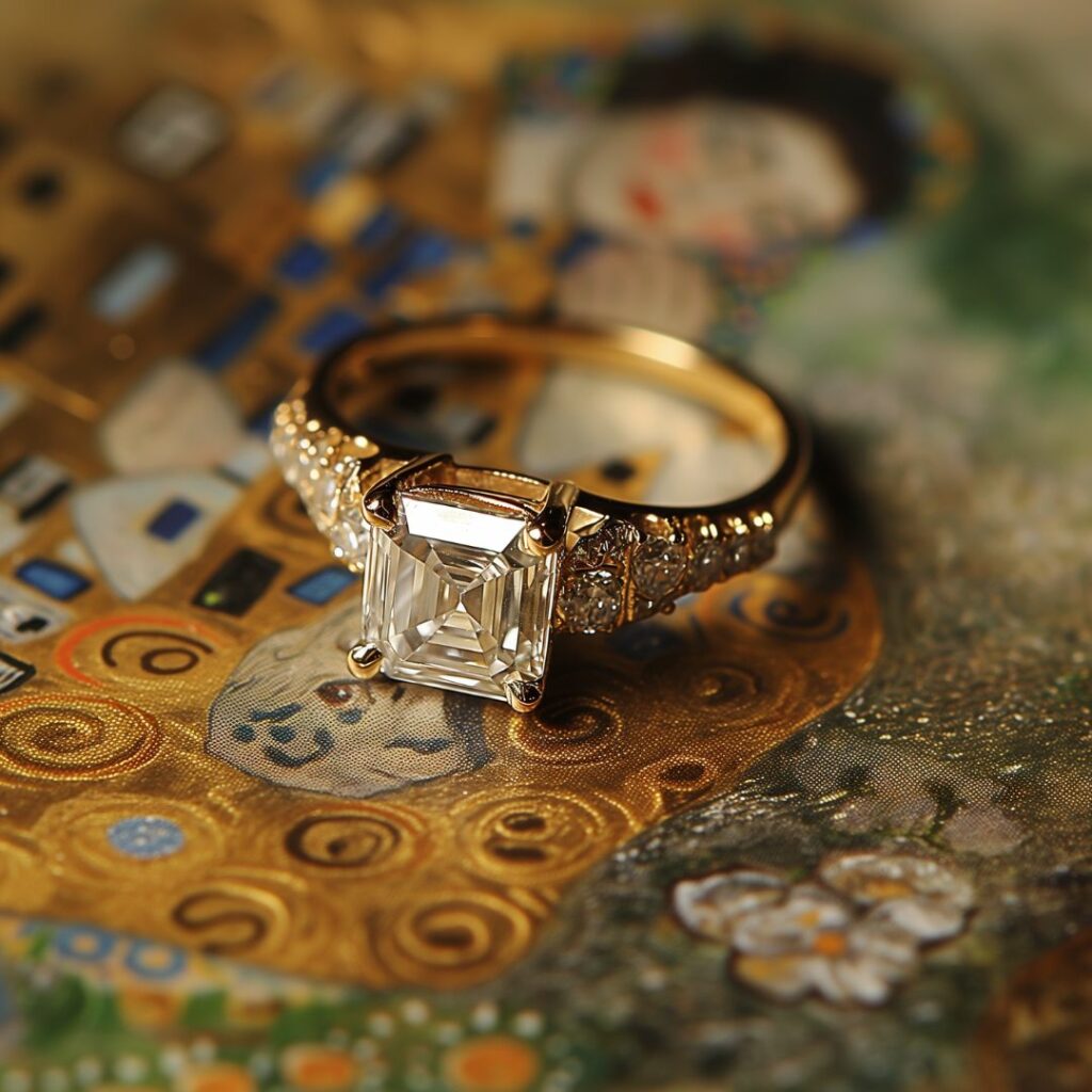 asscher cut diamond ring with gold band